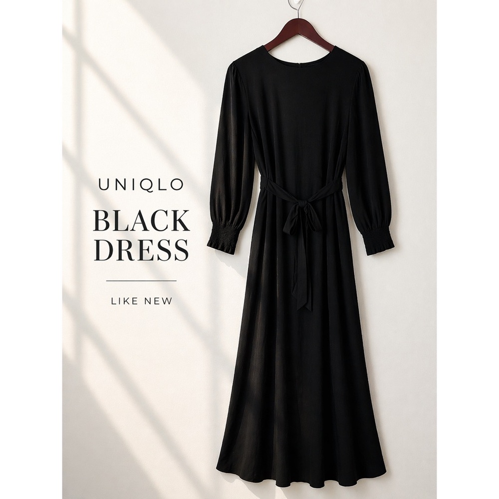 UNIQLO Black Rayon Long Midi Dress Tie Waist Minimalist Size M